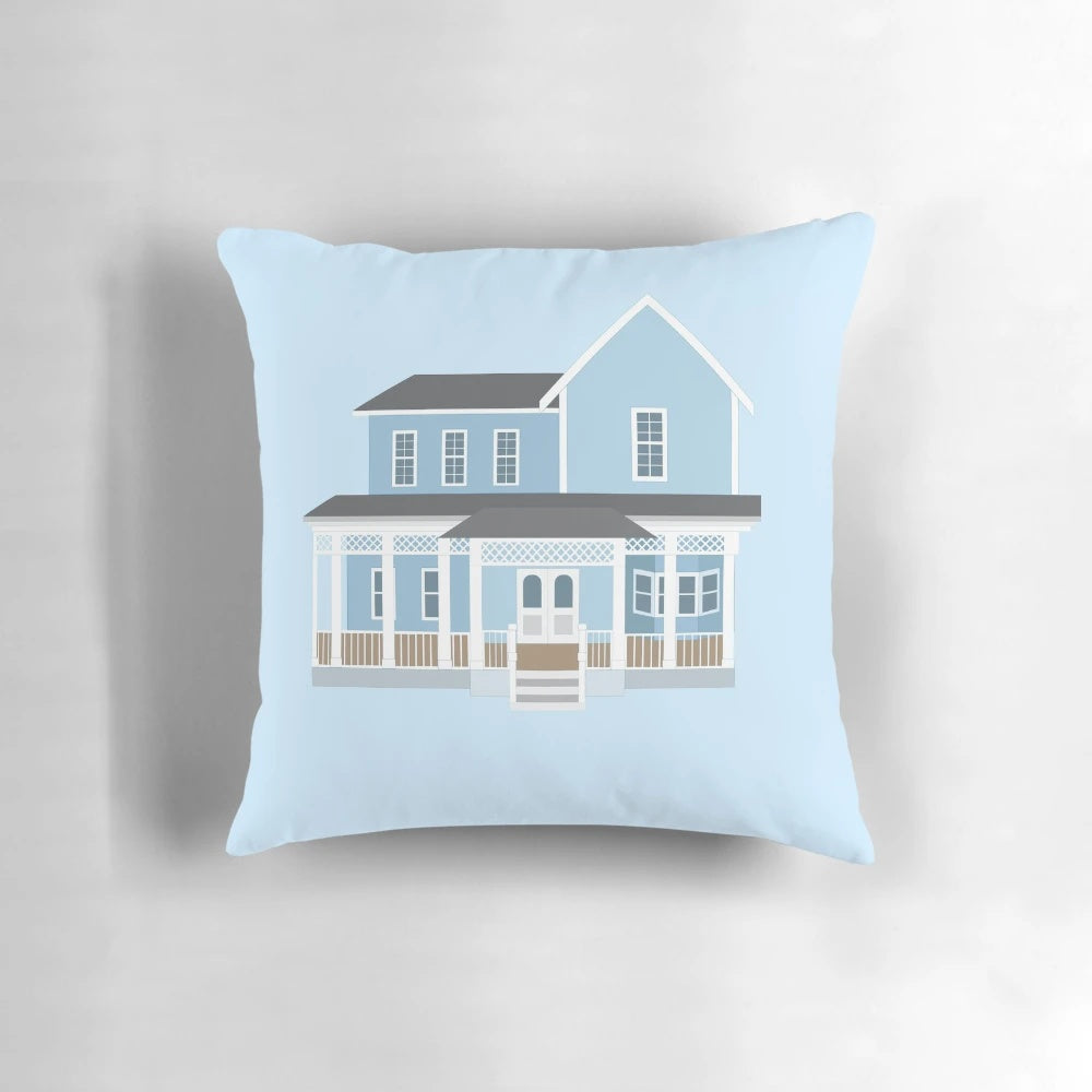 Gilmore Girls-inspired throw pillow featuring Lorelai and Rory's house from the show.