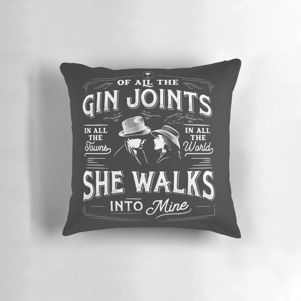 A plush, decorative Gin Joints pillow featuring the iconic scene from the classic film Casablanca.