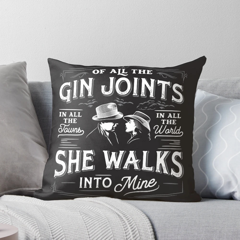 A plush, decorative Gin Joints pillow featuring the iconic scene from the classic film Casablanca.