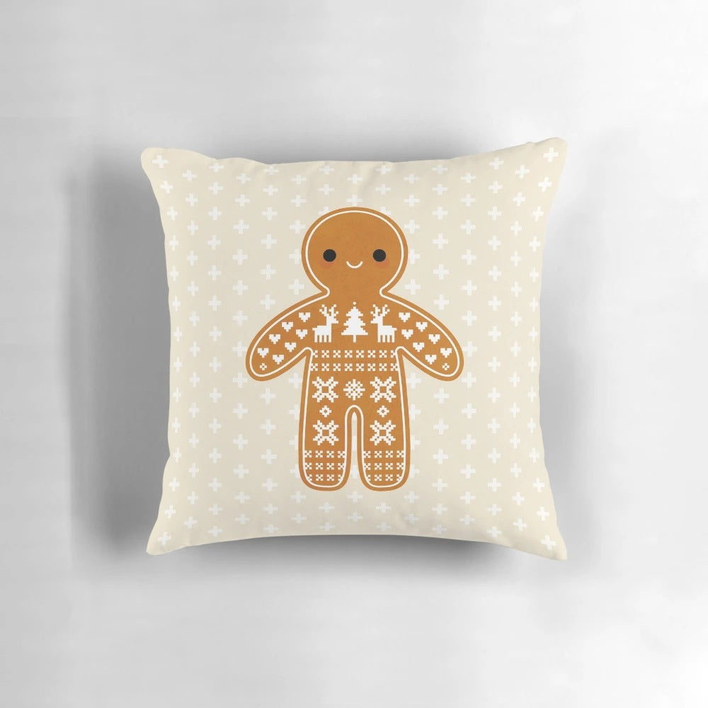 Cozy gingerbread cookie-inspired Christmas pillow with a retro, cottagecore design