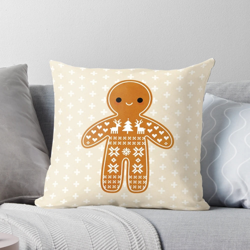 Cozy gingerbread cookie-inspired Christmas pillow with a retro, cottagecore design