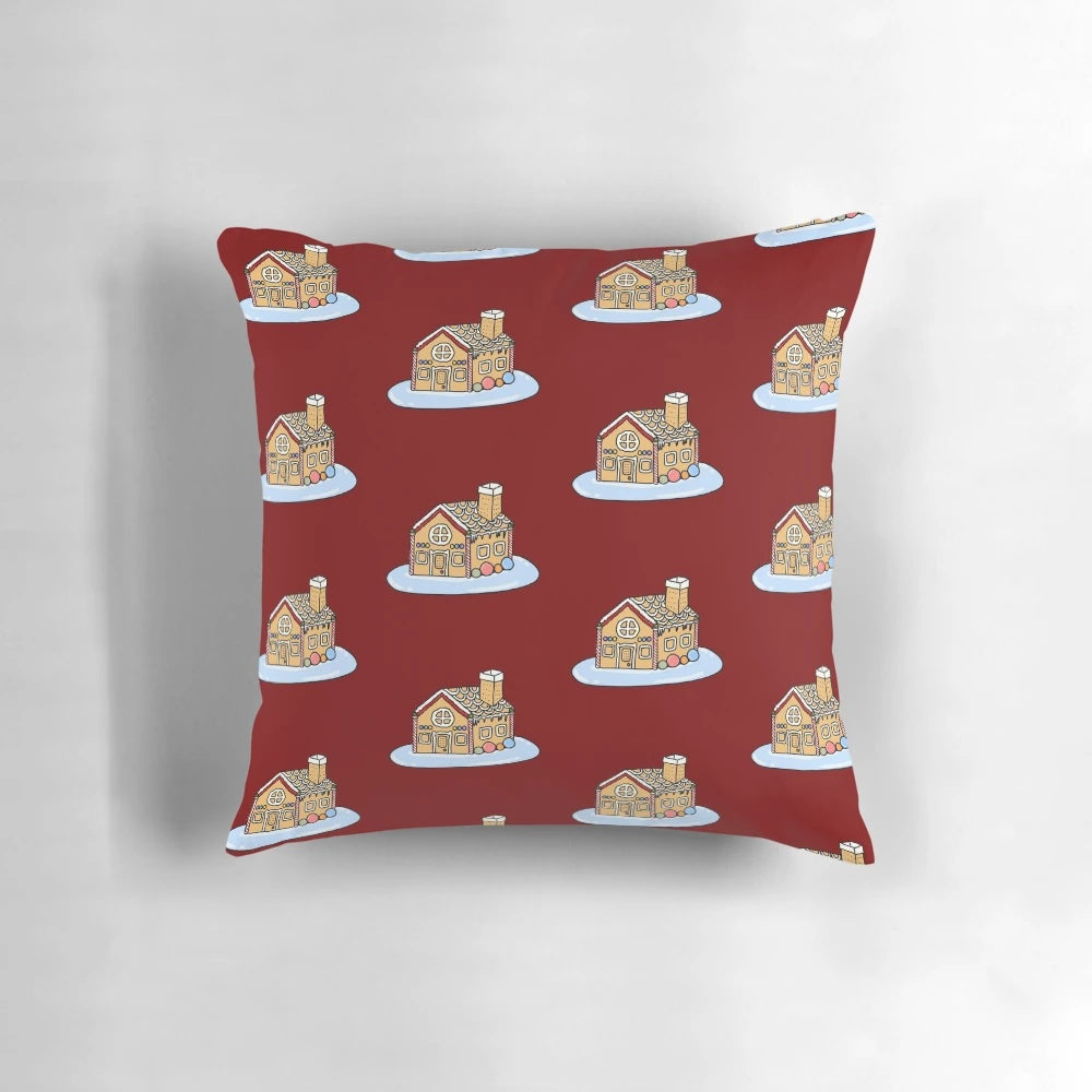 Soft, pastel-colored gingerbread house pillow for festive Christmas home decor