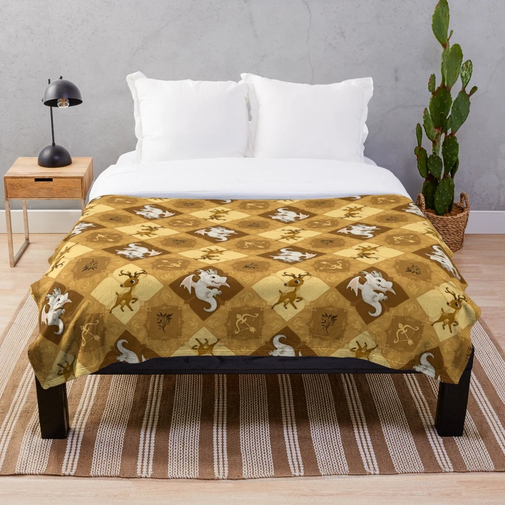 Gingham plush blanket with a golden deer pattern design