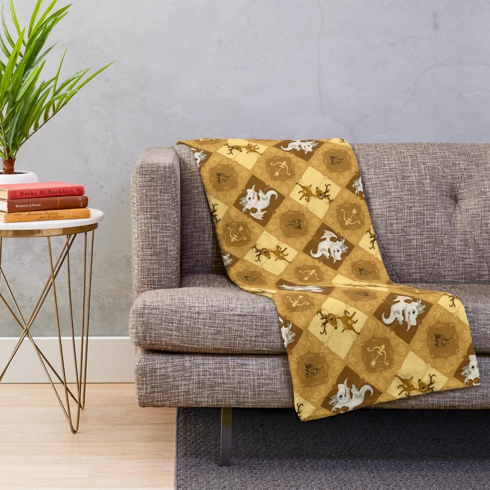 Gingham plush blanket with a golden deer pattern design