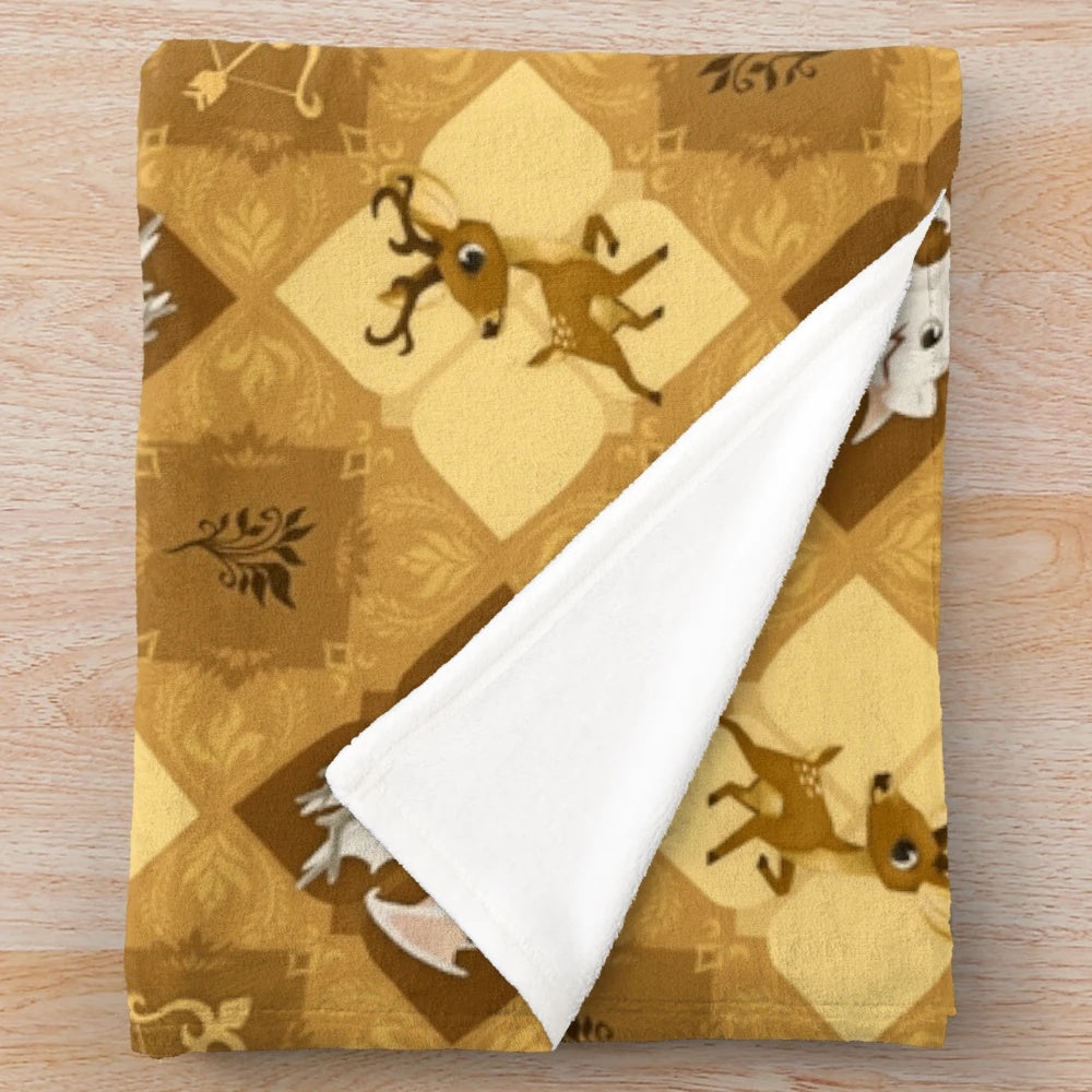Gingham plush blanket with a golden deer pattern design