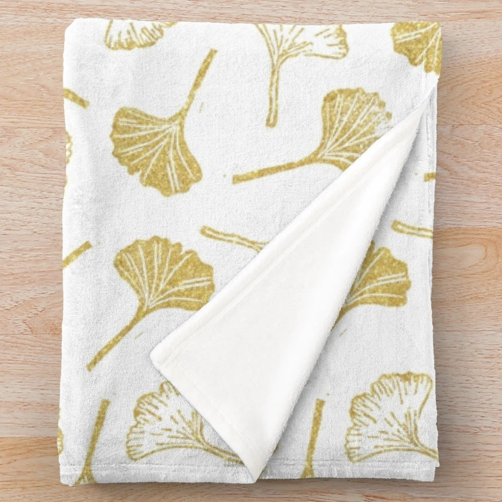 Ginkgo biloba linocut pattern glitter gold plush blanket