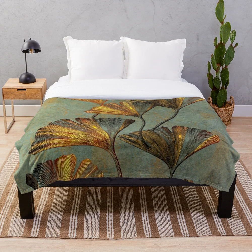 Ginkgo floral pattern on a soft, plush blanket
