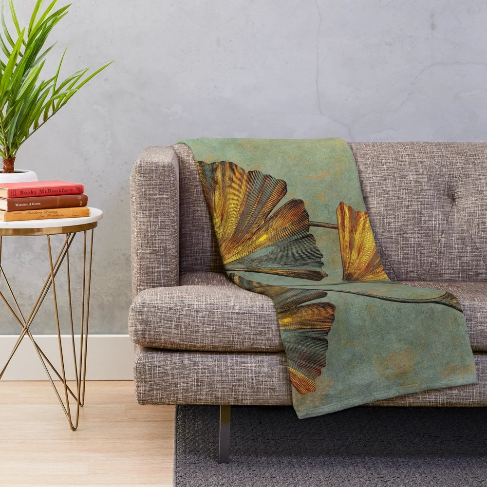 Ginkgo floral pattern on a soft, plush blanket