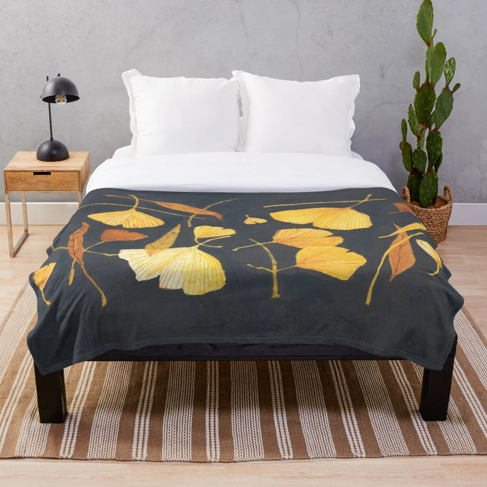 Ginkgo leaves inspired plush blanket with warm autumn colors