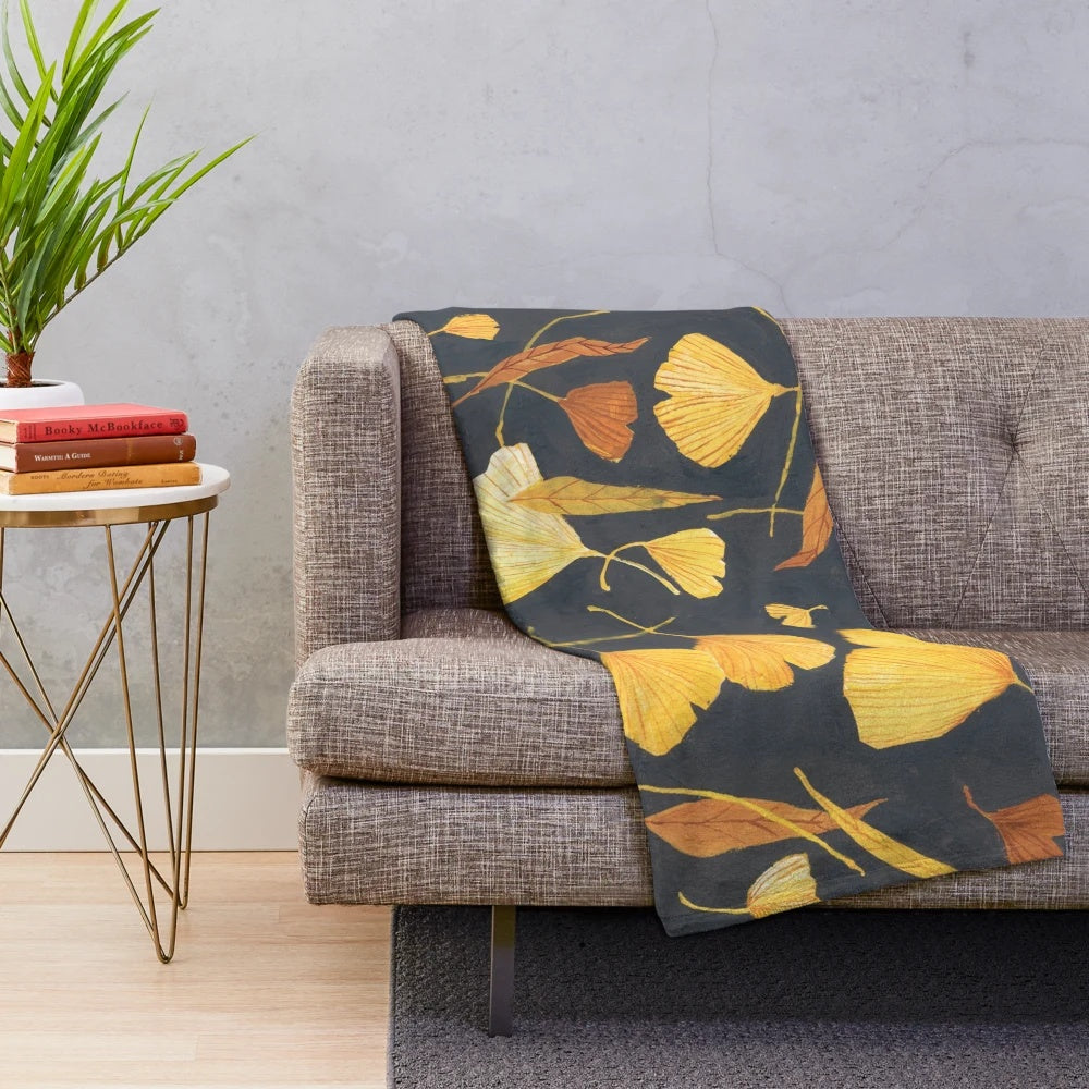 Ginkgo leaves inspired plush blanket with warm autumn colors