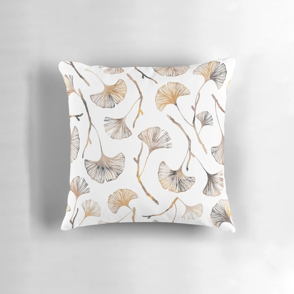 Ginkgo watercolor leaf pattern printed on a soft pillow