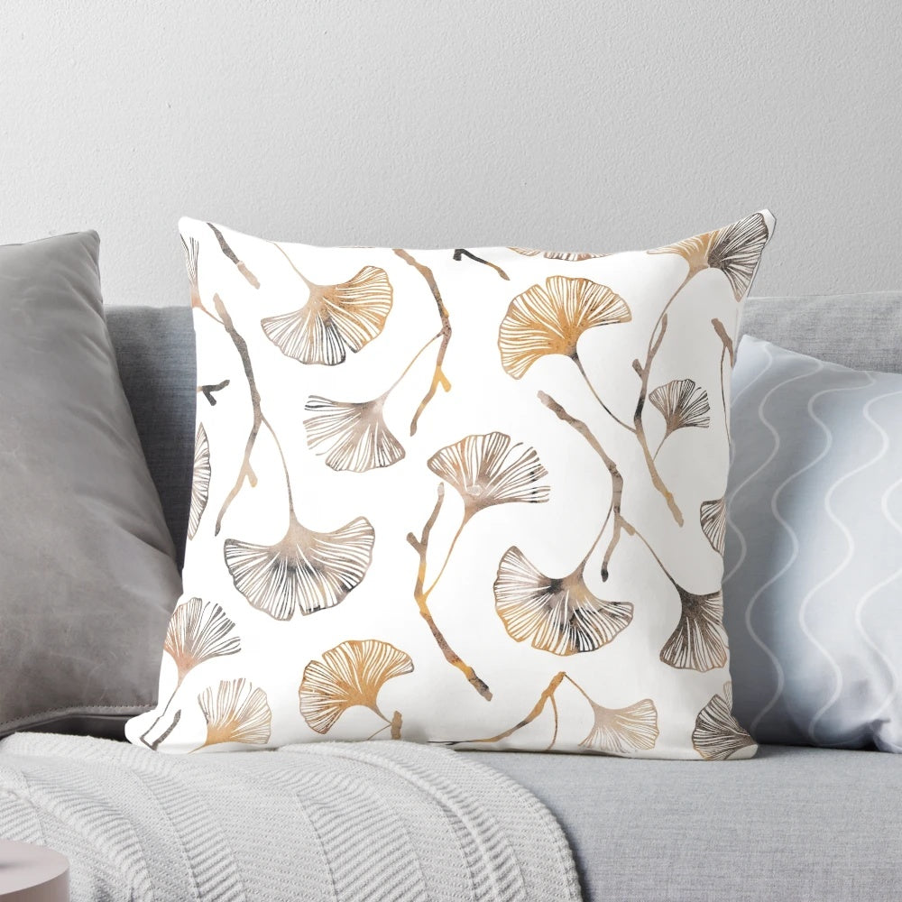 Ginkgo watercolor leaf pattern printed on a soft pillow
