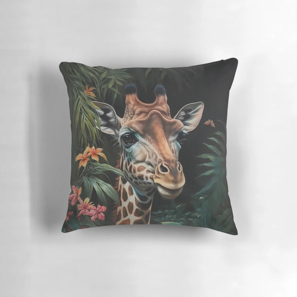 A portrait of a giraffe among vibrant roses and palm leaves in a lush, tropical paradise.