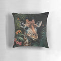 A portrait of a giraffe among vibrant roses and palm leaves in a lush, tropical paradise.