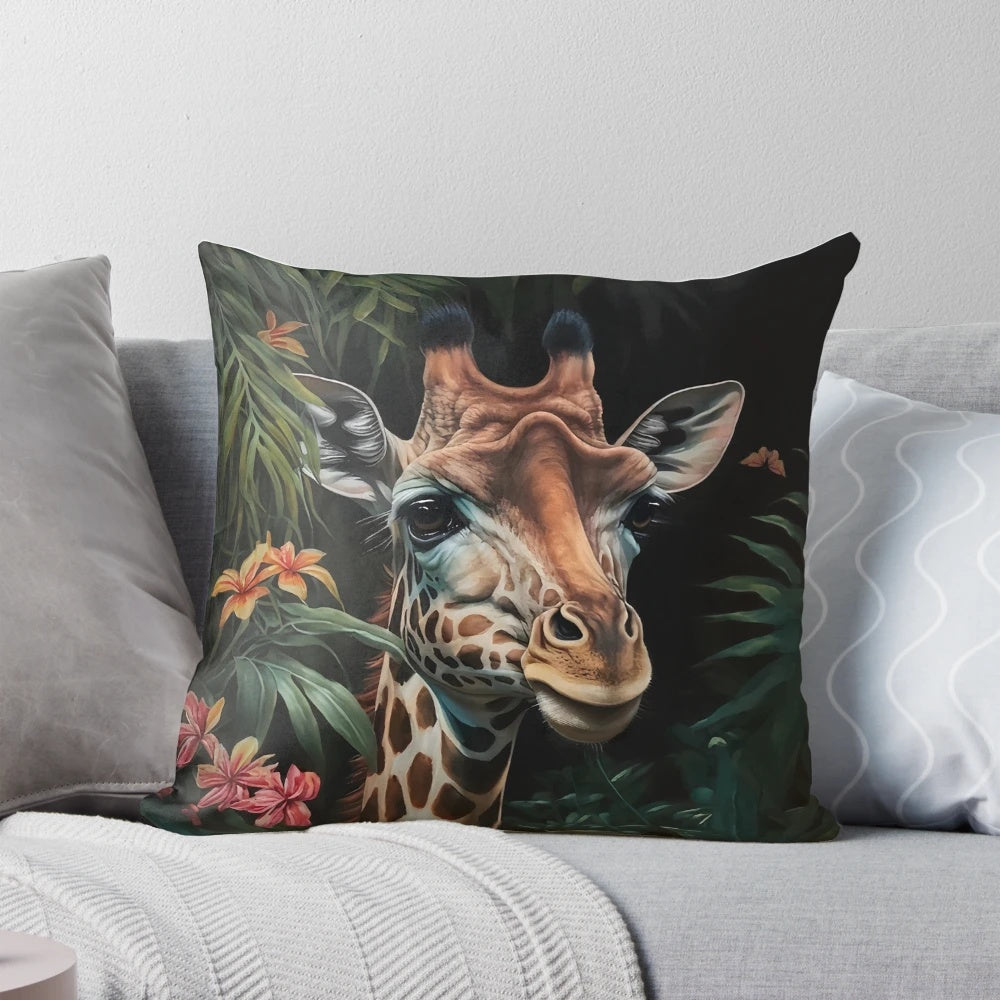 A portrait of a giraffe among vibrant roses and palm leaves in a lush, tropical paradise.
