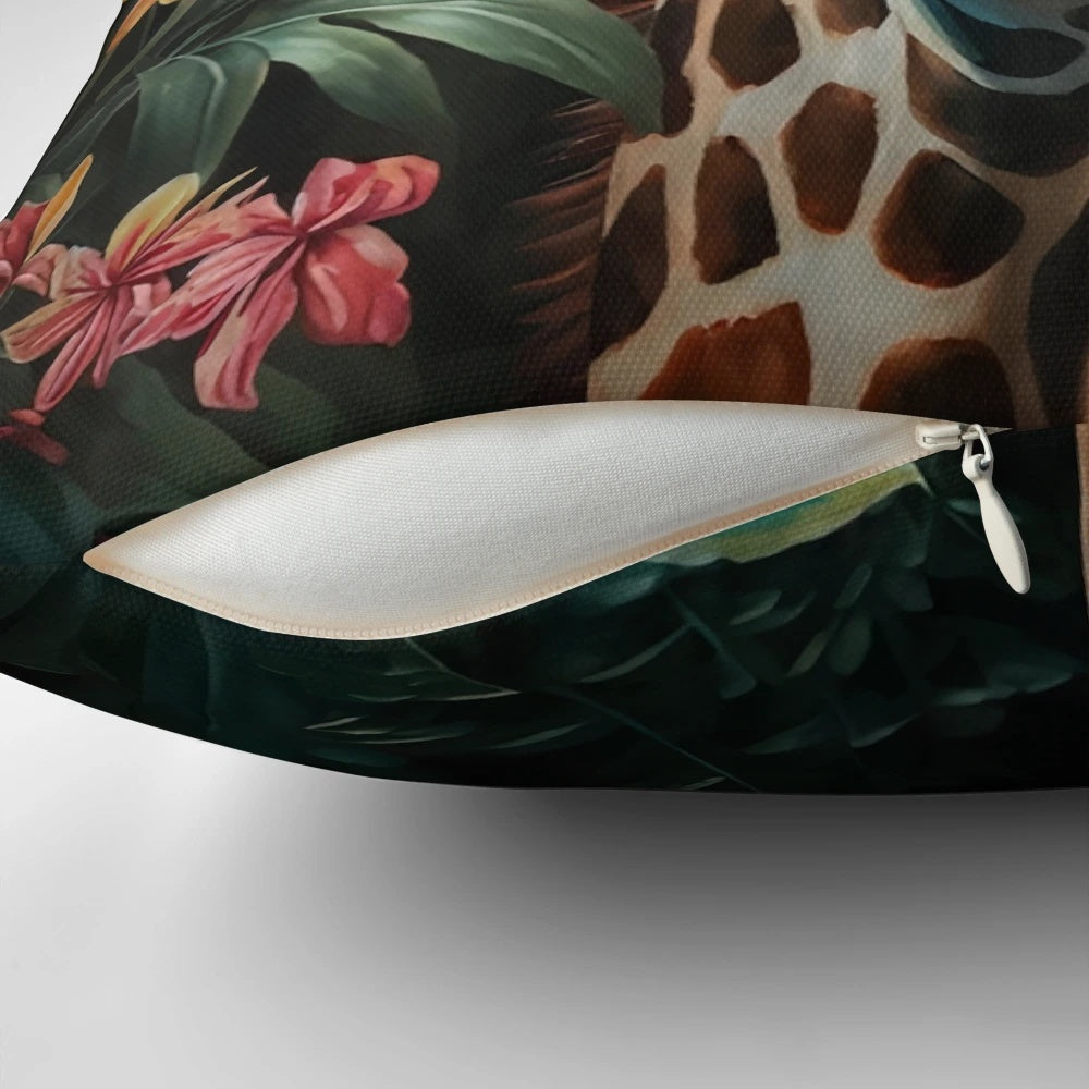 A portrait of a giraffe among vibrant roses and palm leaves in a lush, tropical paradise.