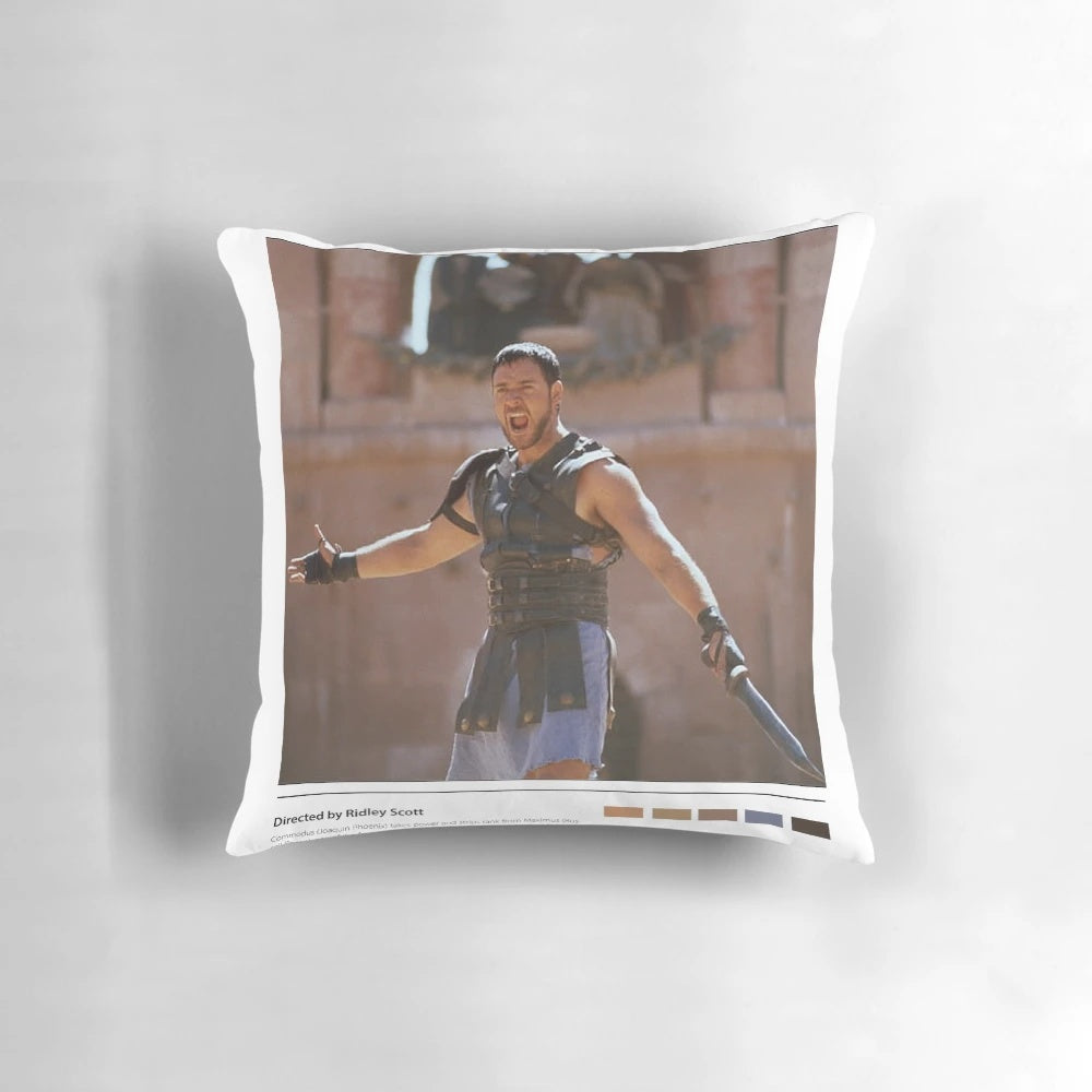 Gladiator movie-themed pillow featuring Russell Crowe's iconic character