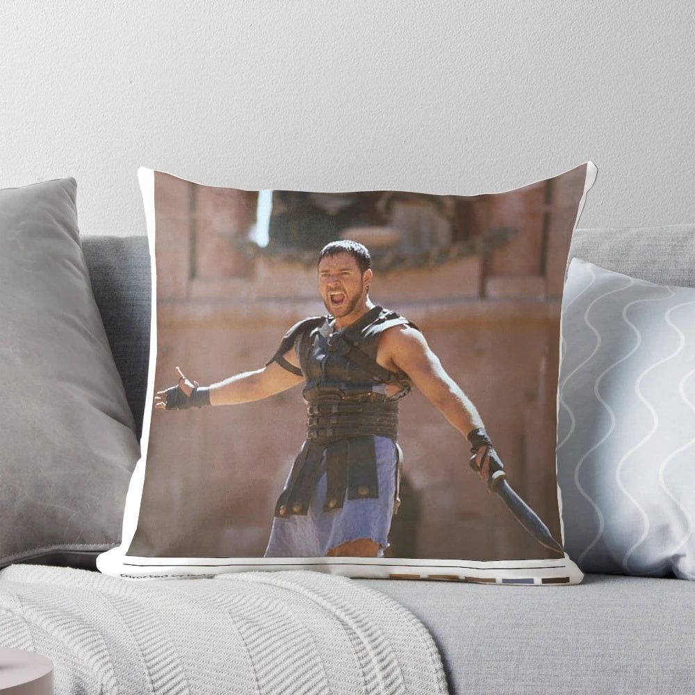 Gladiator movie-themed pillow featuring Russell Crowe's iconic character
