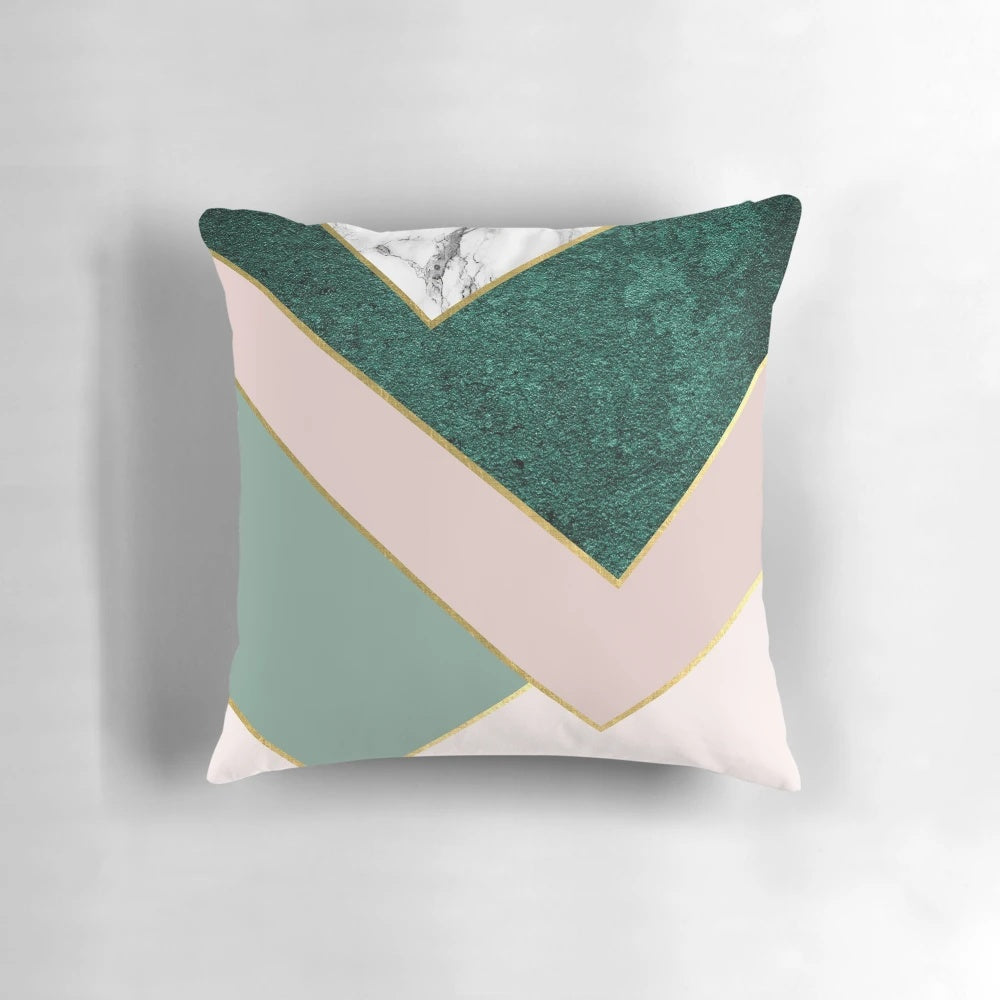 Glam Geometric Lines Decorative Throw Pillow in Blush, Pink, Green and Gold Accents