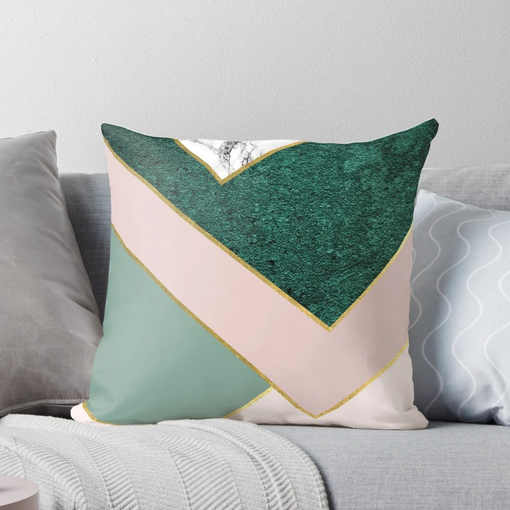 Glam Geometric Lines Decorative Throw Pillow in Blush, Pink, Green and Gold Accents