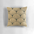 Decorative throw pillow with an elegant art deco golden fan design, featuring a luxurious blend of colors including black, gold, blush pink, and royal blue.