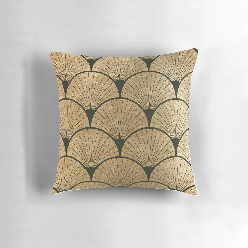 Decorative throw pillow with an elegant art deco golden fan design, featuring a luxurious blend of colors including black, gold, blush pink, and royal blue.