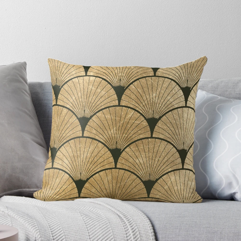 Decorative throw pillow with an elegant art deco golden fan design, featuring a luxurious blend of colors including black, gold, blush pink, and royal blue.