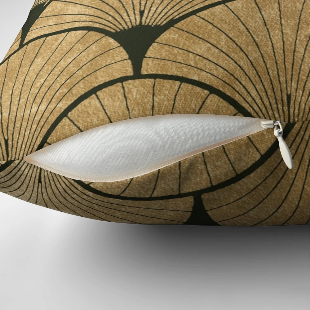 Decorative throw pillow with an elegant art deco golden fan design, featuring a luxurious blend of colors including black, gold, blush pink, and royal blue.