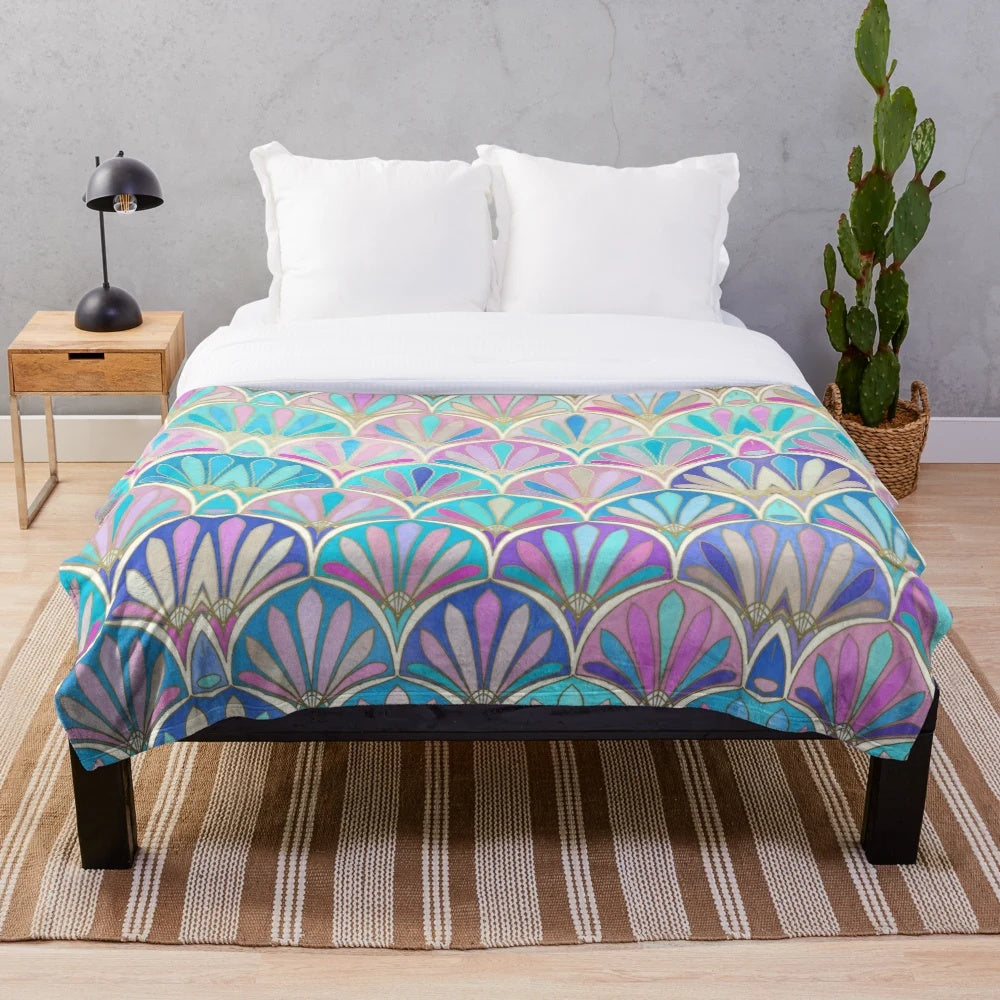 Glamorous art deco pastel plush blanket with iridescent mermaid scale pattern
