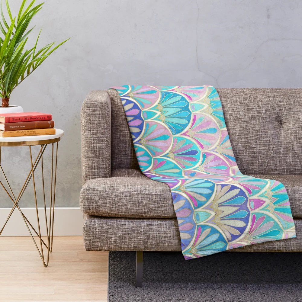 Glamorous art deco pastel plush blanket with iridescent mermaid scale pattern