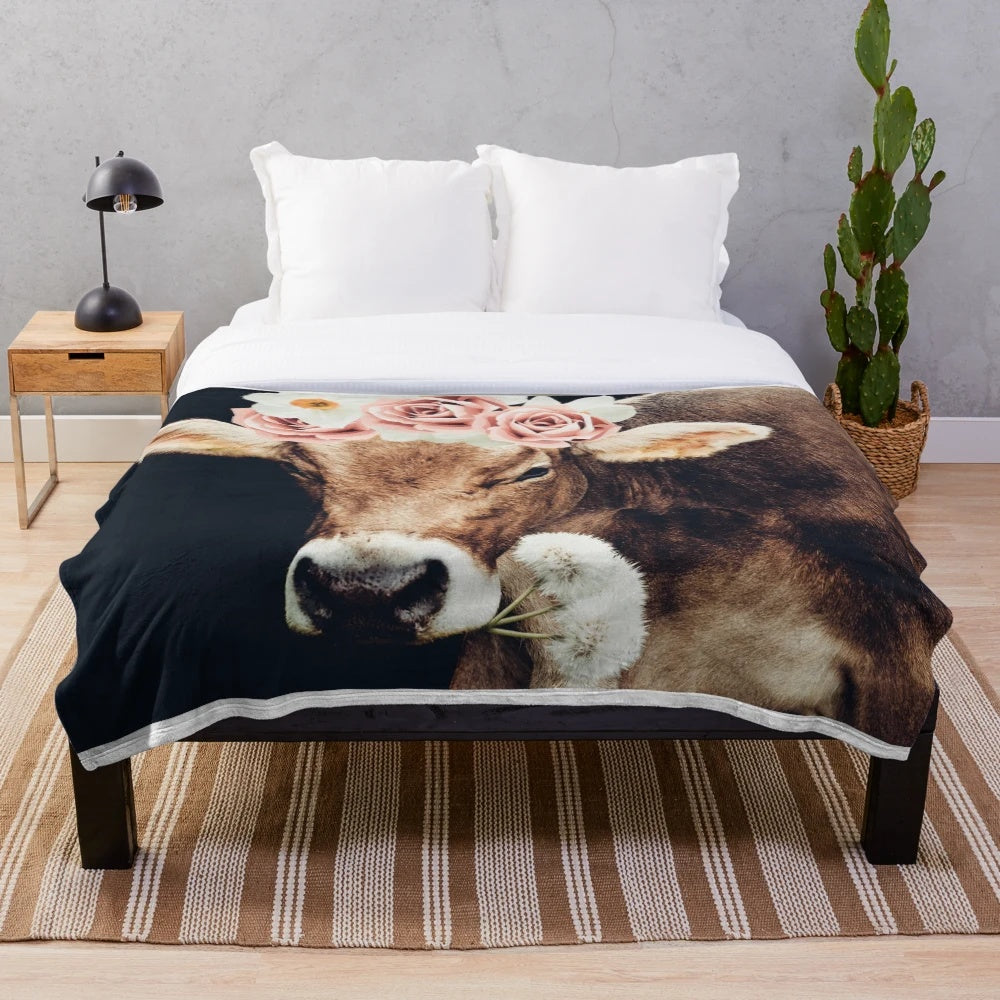 Glamorous cow plush blanket with floral pattern