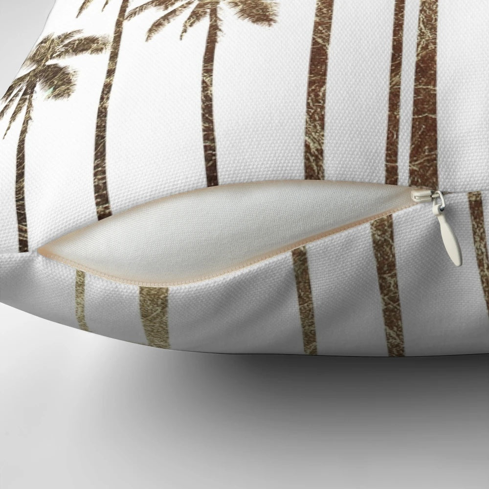 Glamorous gold tropical palm trees printed on a white decorative throw pillow