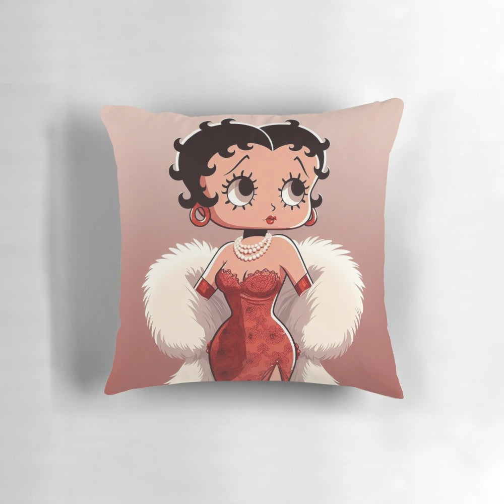 Glamorous vintage-inspired Betty Boop pillow with pearls and fur details