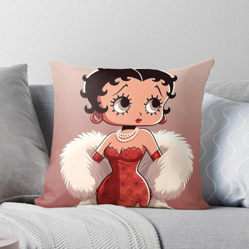 Glamorous vintage-inspired Betty Boop pillow with pearls and fur details