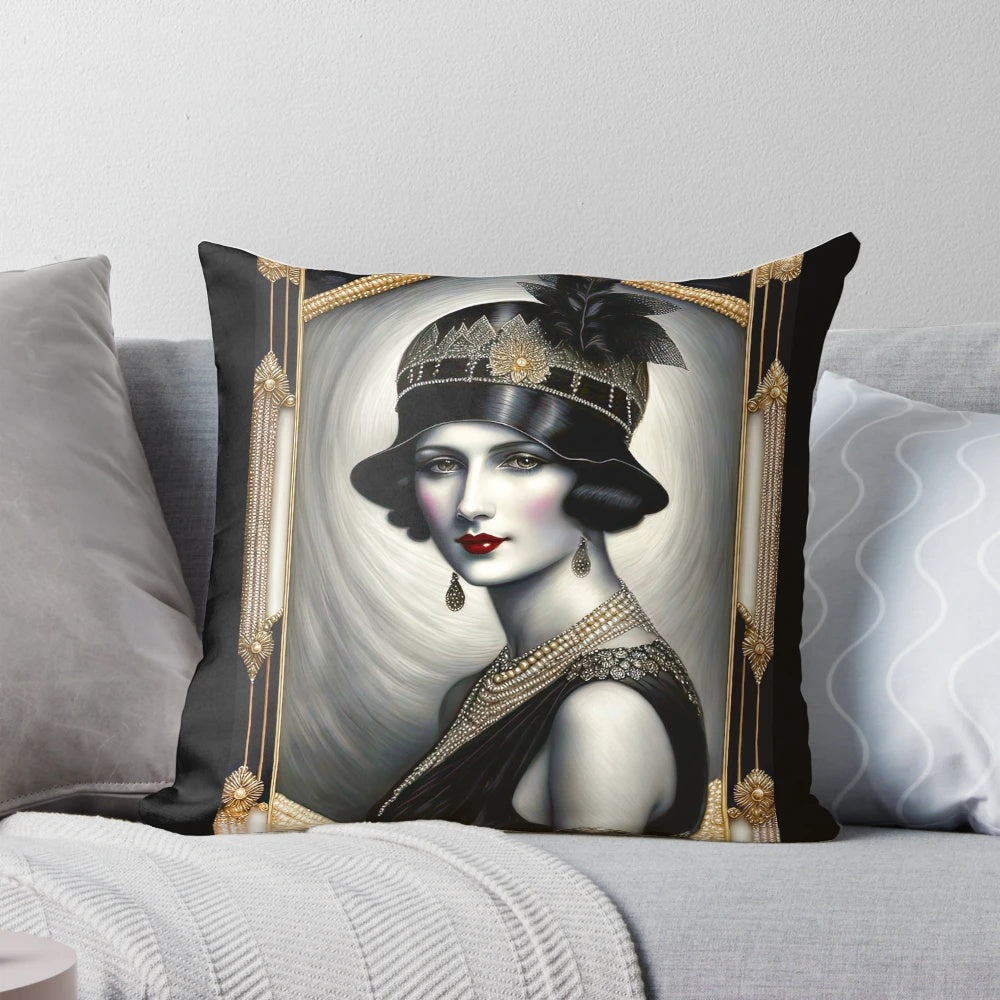 Vintage 1920s style Nora pillow with glamorous flapper woman in retro fashion