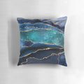Glamour Milky Way Faux Marble Galaxy Pillow with a modern, abstract, and minimalist design featuring a blue and gold marble pattern that resembles a galaxy in space.