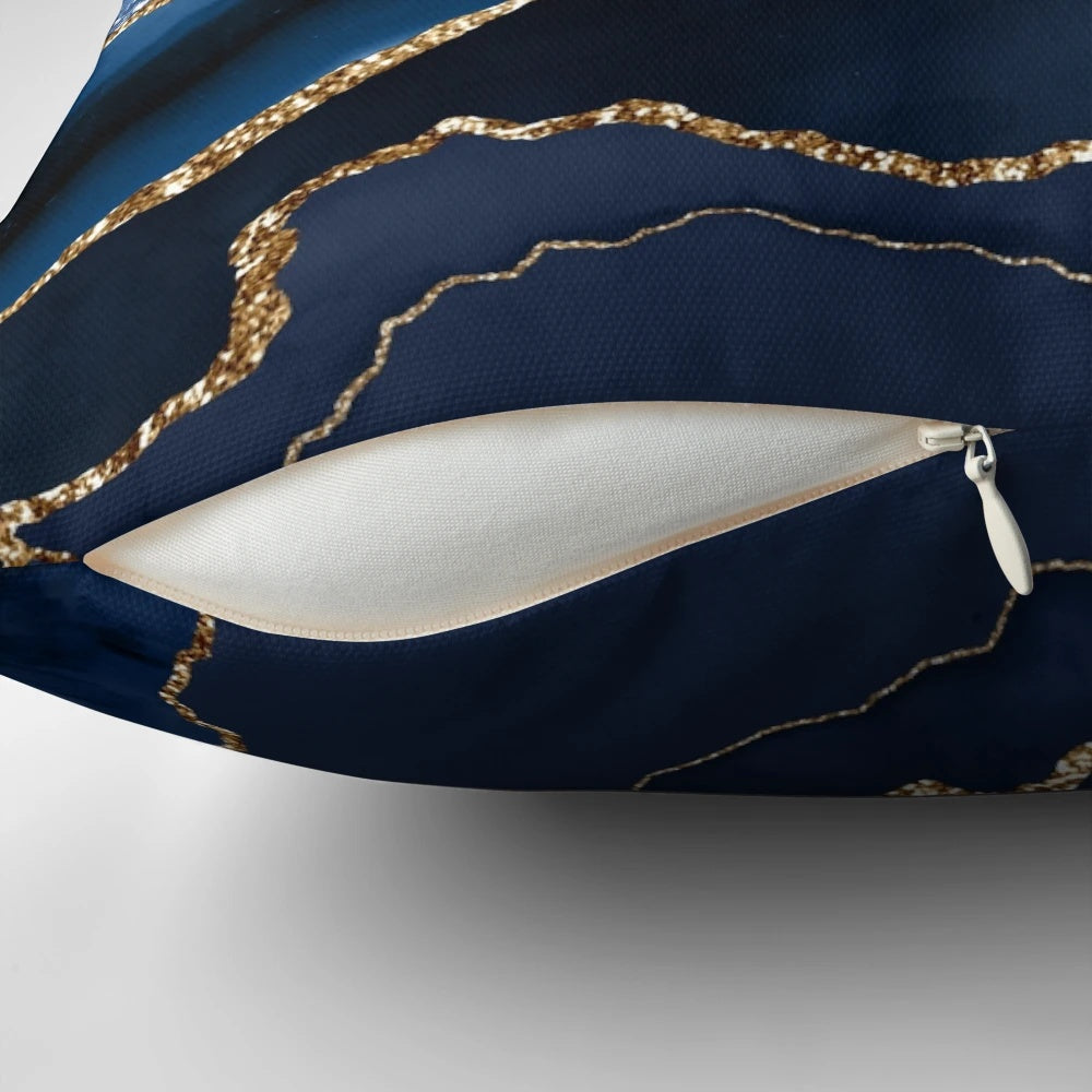 Glamour Milky Way Faux Marble Galaxy Pillow with a modern, abstract, and minimalist design featuring a blue and gold marble pattern that resembles a galaxy in space.