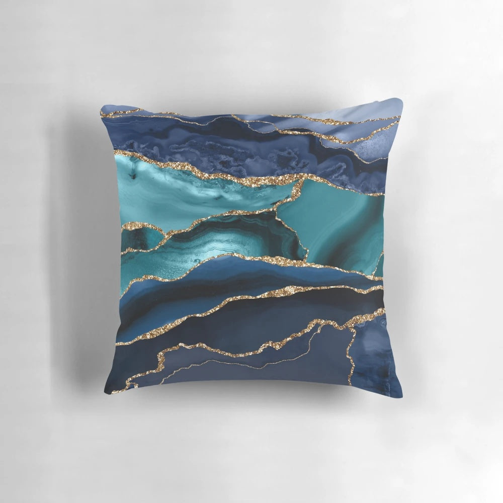 Glamour Ocean Blue Faux Marble Pillow with Minimalist, Trendy Geode Design