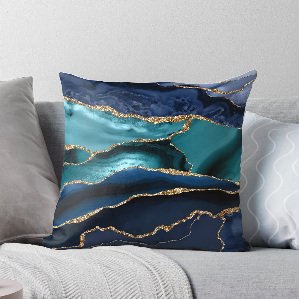 Glamour Ocean Blue Faux Marble Pillow with Minimalist, Trendy Geode Design