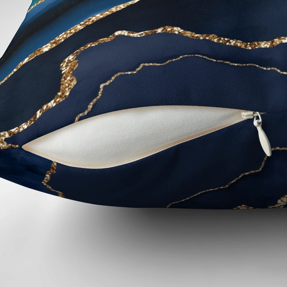 Glamour Ocean Blue Faux Marble Pillow with Minimalist, Trendy Geode Design