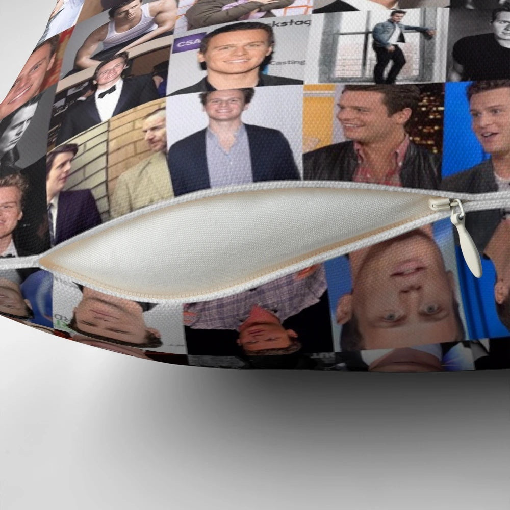 Glee collage pillow featuring characters like Jonathan Groff, Jesse St. James, and Rachel Berry