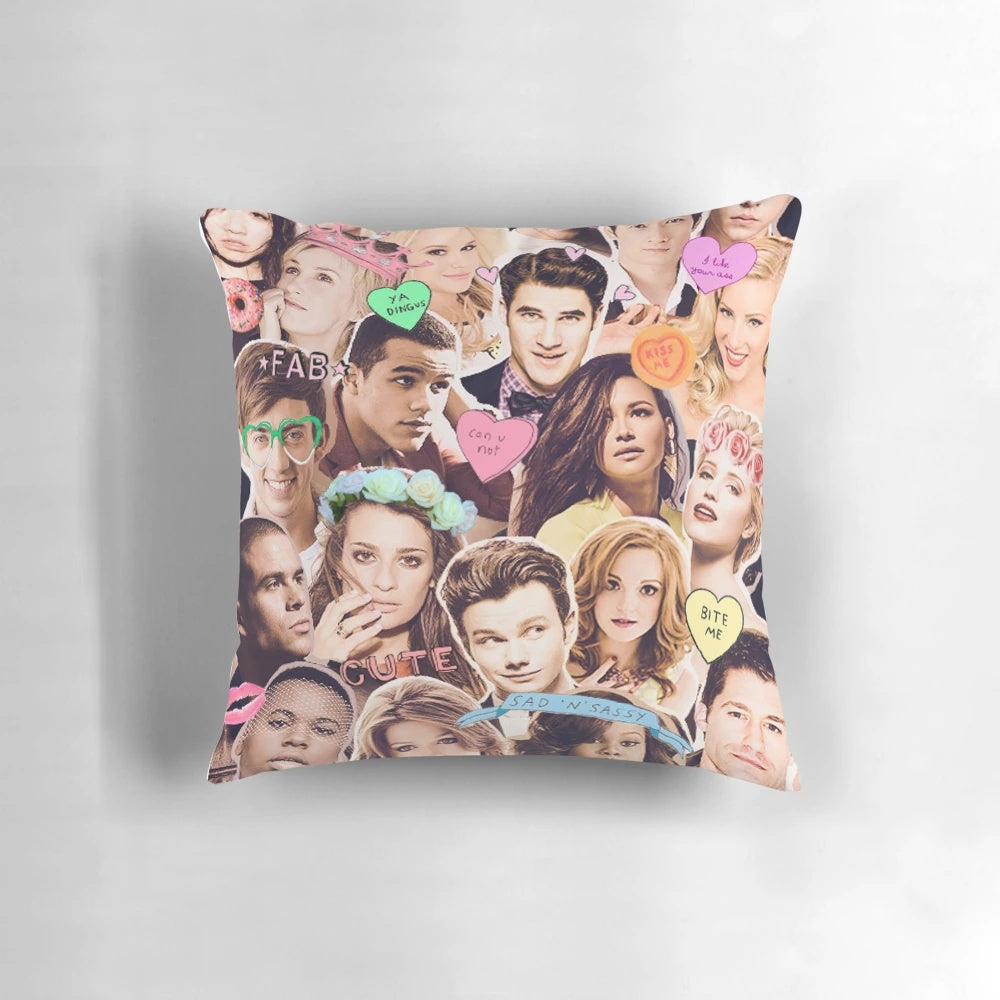Glee cast collage throw pillow featuring characters from the popular TV series
