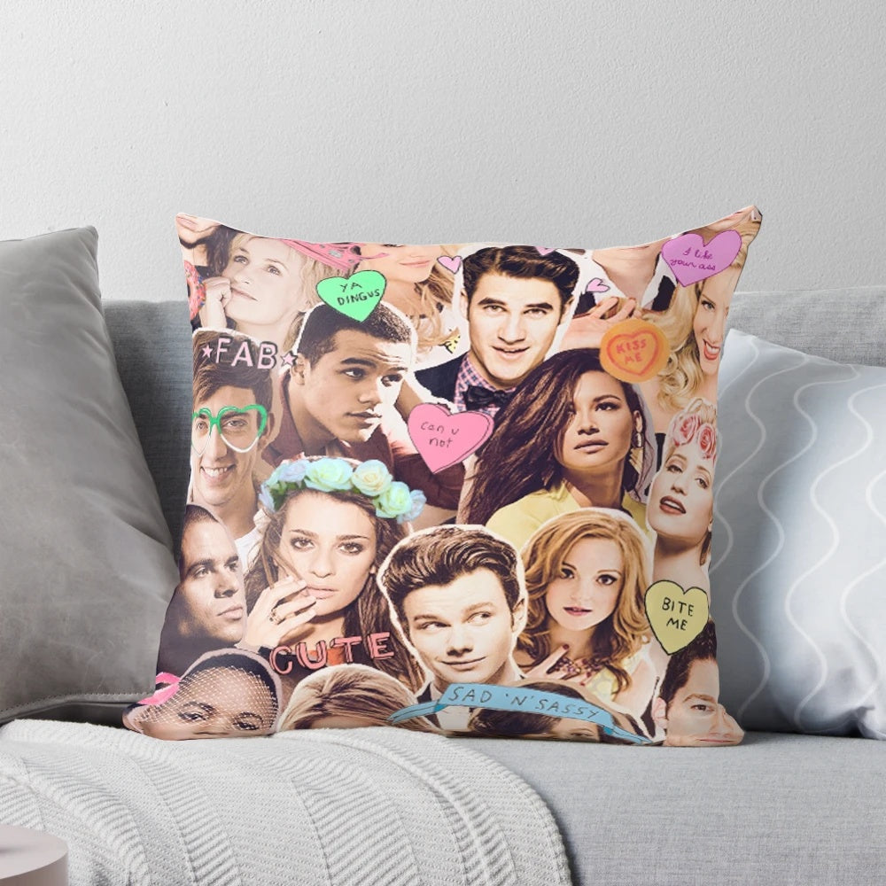 Glee cast collage throw pillow featuring characters from the popular TV series