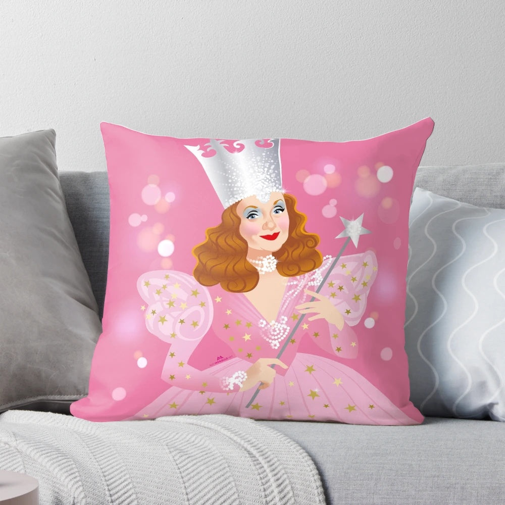 Glinda the Good Witch inspired throw pillow featuring vibrant colors and whimsical design