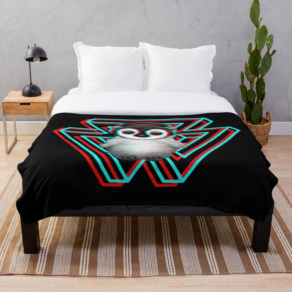Glitching penguin plush blanket with a surreal, trippy design