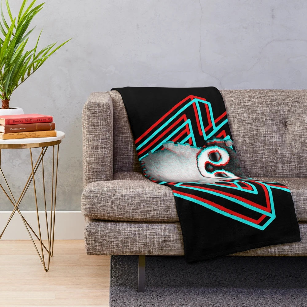 Glitching penguin plush blanket with a surreal, trippy design