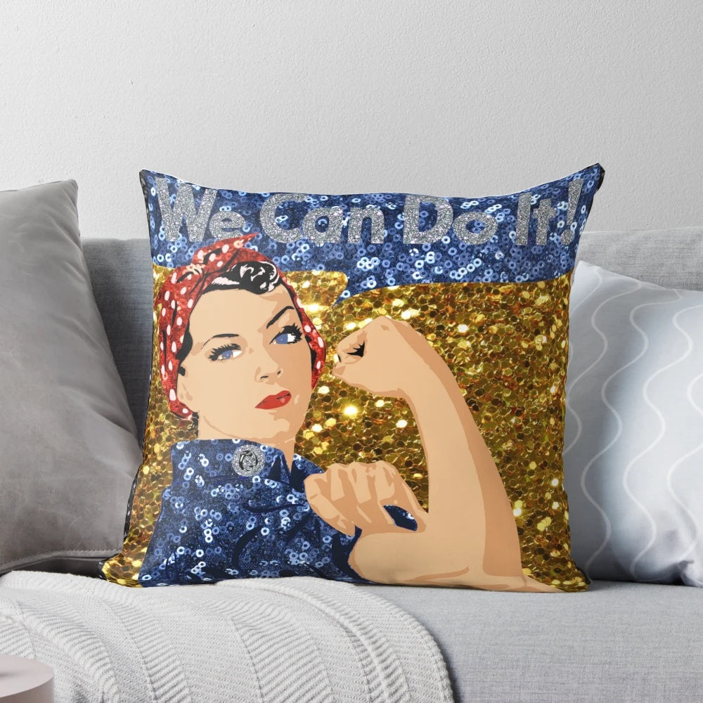 Glitter print Rosie the Riveter pillow, a vintage-inspired feminist home decor accessory.