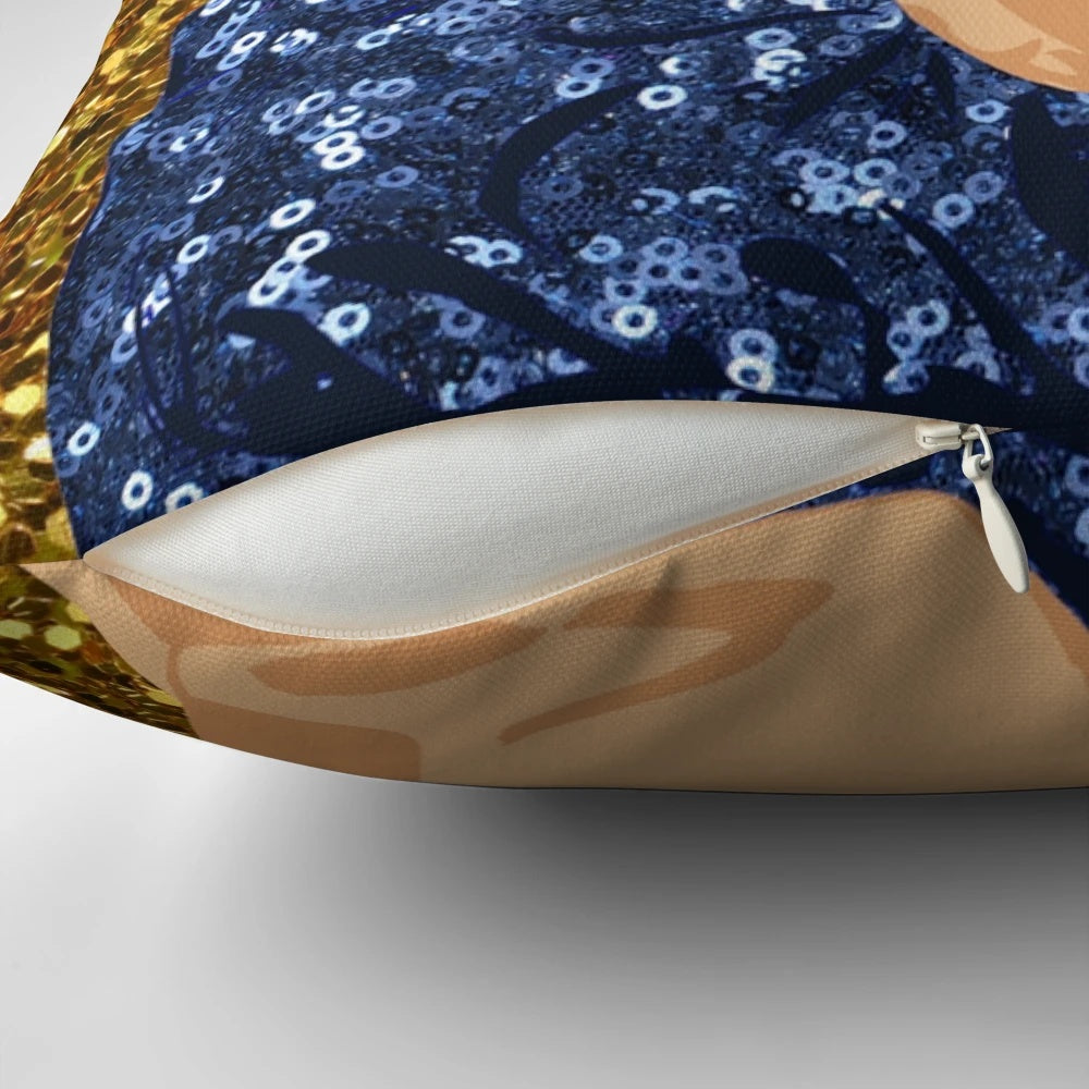 Glitter print Rosie the Riveter pillow, a vintage-inspired feminist home decor accessory.