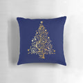 Glittering gold Christmas tree pillow with ornaments and stars for cozy winter home decor