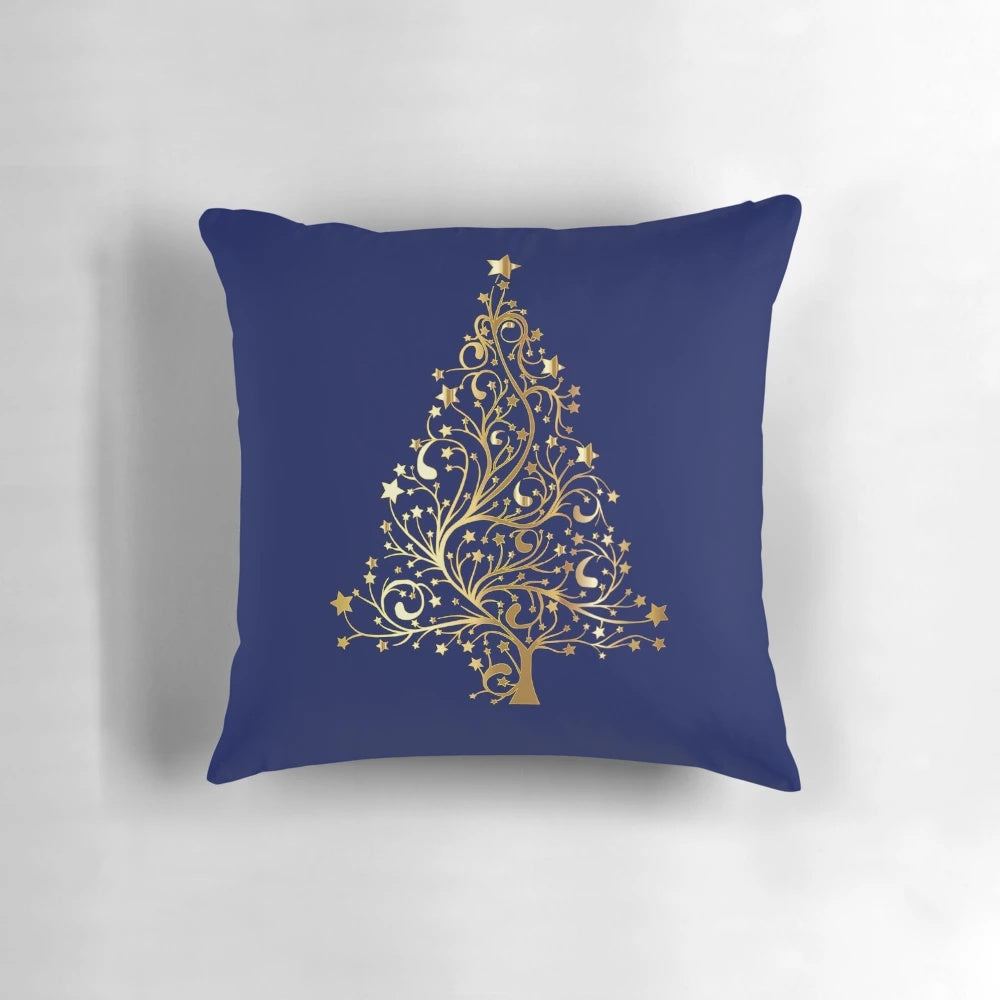 Glittering gold Christmas tree pillow with ornaments and stars for cozy winter home decor